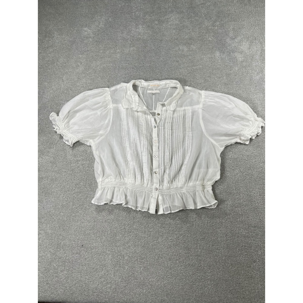 MOTHER Pins & Needles Cotton Button-Up Top L White Pintuck Smocked Victorian - Picture 6 of 13